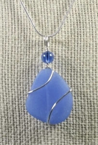 Sea glass OPAQUE SKY BLUE beach glass hand wire wrap Pendant 925 Necklace 20" - Picture 1 of 4