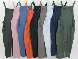 New Ladies Italian Lagenlook 2 Pocket Front Tie Comfy Cotton Jumpsuit Dungarees - Picture 1 of 35