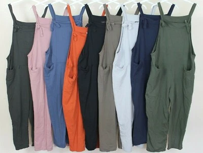 New Ladies Italian Lagenlook 2 Pocket Front Tie Comfy Cotton Jumpsuit Dungarees - Image 1 of 3