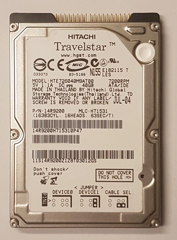 40 GB IDE Hitachi Travelstar HTE726040M9AT00 7200RPM 8MB HDD 2.5" Hard Drive - Image 1 of 1