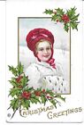 PRETTY GIRL IN RED HAT AND MUFF IN SNOW,VINTAGE CHRISTMAS POSTCARD 1916  P399
