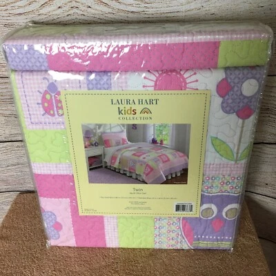 Laura Hart Kids Happy OWLS Twin NIÑAS PÚRPURA ROSA FLORES EDREDÓN CAPRICHOSO Falso Foto 1 de 4