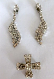 Broche et boucles d'oreilles assorties-strass sur métal argenté (1512104)P - Foto 1 di 4