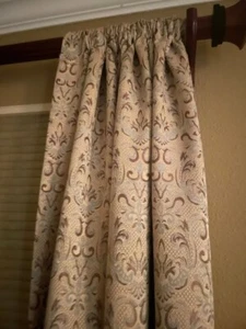 Two Custom Drapery Panels Blackout Lining 98" L 48" W Tan Taupe with Blue Brown - Picture 1 of 5