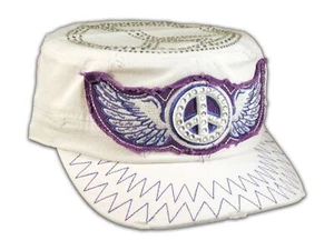 Peace Sign and Wings on White Cadet Cap Military Army Hat - Picture 1 of 4