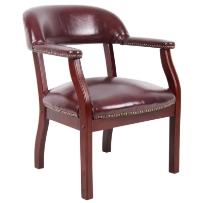 Captains Chair Burgundy Vinyl Mahogany Brass Nail Heads Classic Traditional - Image 1 of 4