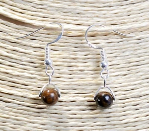 Bronzite - Boucles d'oreilles pendante perle 6mm - argent 925 - Picture 1 of 1
