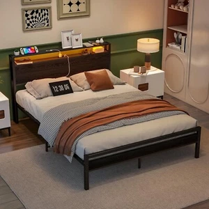 Queen Bed Frame with Storage Headboard,Charging Station & LED Lights,Metal Platf - Picture 1 of 6