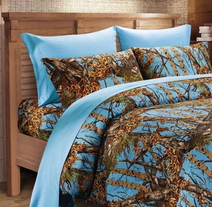 FULL SIZE POWDER BLUE CAMO SHEETS PILLOWCASE SET! 6 PC CAMOUFLAGE LIGHT SKY BLUE - Picture 1 of 2