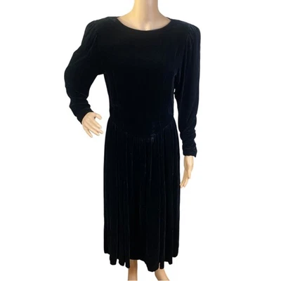 Vtg 80s Joanie Char Black Velvet Basque Waist Gothic Midi Dress SZ 8 - Image 1 of 4