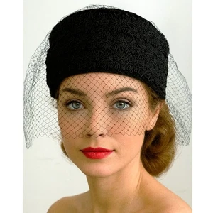 1960s Vintage Black Velvet and Braid Pillbox Hat with Veil - Picture 1 of 6