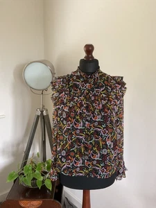 Ted Baker Ehllana Ruffled Blouse Black with Multicoloured Floral Print Size 12 - Picture 1 of 9