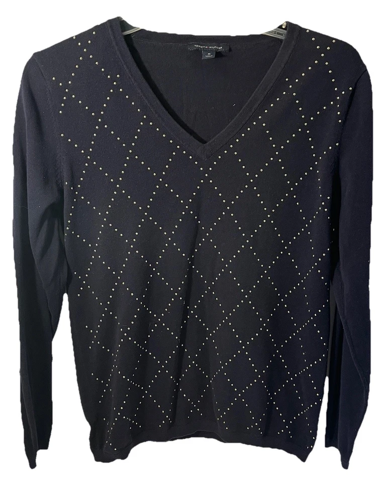 Suéter Tommy Hilfiger Mujer Azul Con Tachuelas Patrón Argyle Talla Mediana Foto 1 de 4