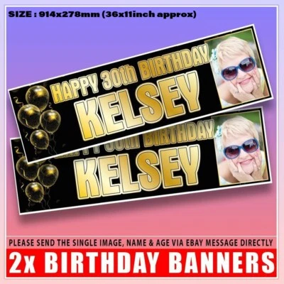 Personalised Birthday PHOTO Banner x2 Gold Party 40th 18th 21st 30th 50 Balloon