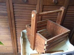 PRIMITIVE HANDMADE WOOD SLATES GARDEN BASKET 12" x 11" x 7" DEEP WELL LOVED/USED - Picture 1 of 8