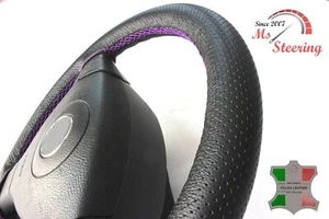 FITS DAEWOO Lanos Sport 04- BLACK PERF LEATHER STEERING WHEEL COVER PURPLE STIT - Picture 1 of 6