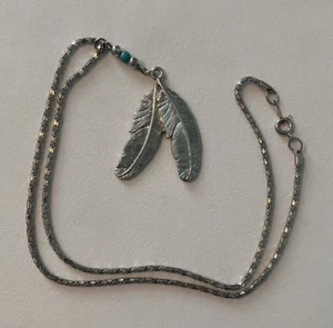Blue Beaded Silver Tone Metal Feather Pendant Necklace American Indian Design - Picture 1 of 3