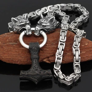 Men Viking Stainless Steel Wolf Necklace Thor Hammer Mjolnir Pendant Norse Odin - Picture 1 of 11