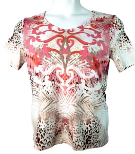 Camiseta mediana Chico’s talla 1 para mujer rosa tostado estampado animal abstracto manga corta - Imagen 1 de 10