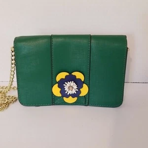 Green Clutch Purse, Yellow Flower, Gold Chain - Picture 1 of 8