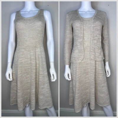 Vtg 1970s Beige Knit Sleeveless Dress Cardigan St John Knits by Marie Gray 70s - Image 1 of 4