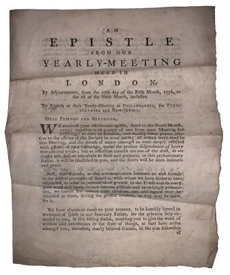 1776, QUAKER EPISTLE, YEARLY MEETING, LONDON, PENNSYLVANIA & NJ, THOMAS RUTTER - Image 1 of 4