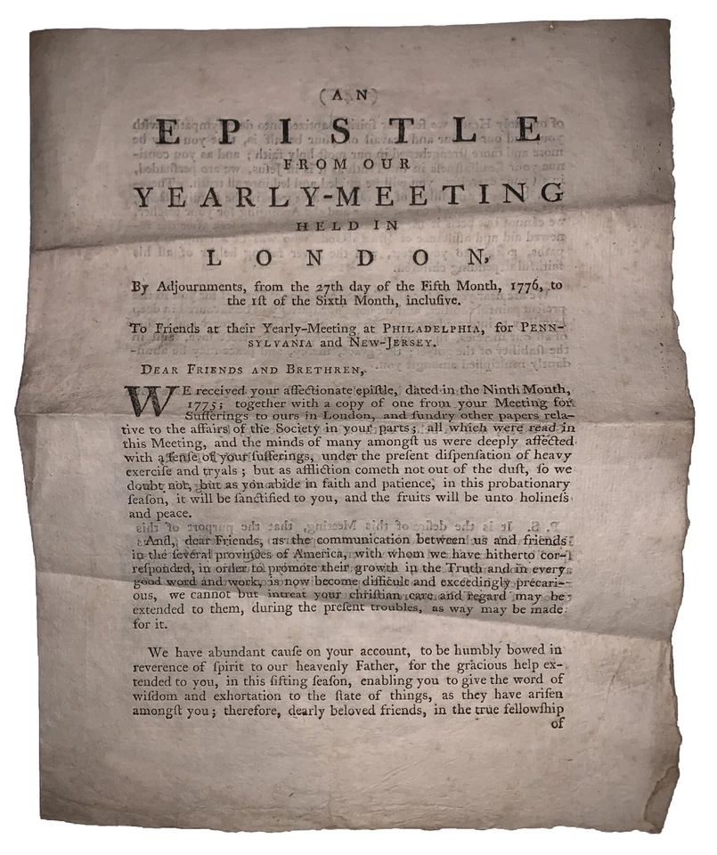 1776, QUAKER EPISTLE, YEARLY MEETING, LONDON, PENNSYLVANIA & NJ, THOMAS RUTTER - Image 1 of 4