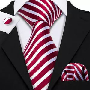 Red (Thin Striped) Necktie Set includes Hanky and Cufflinks - Picture 1 of 3