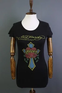 Ed Hardy By Christian Audigier Black Cap Sleeve Top Blouse Shirt Size XS - Picture 1 of 21
