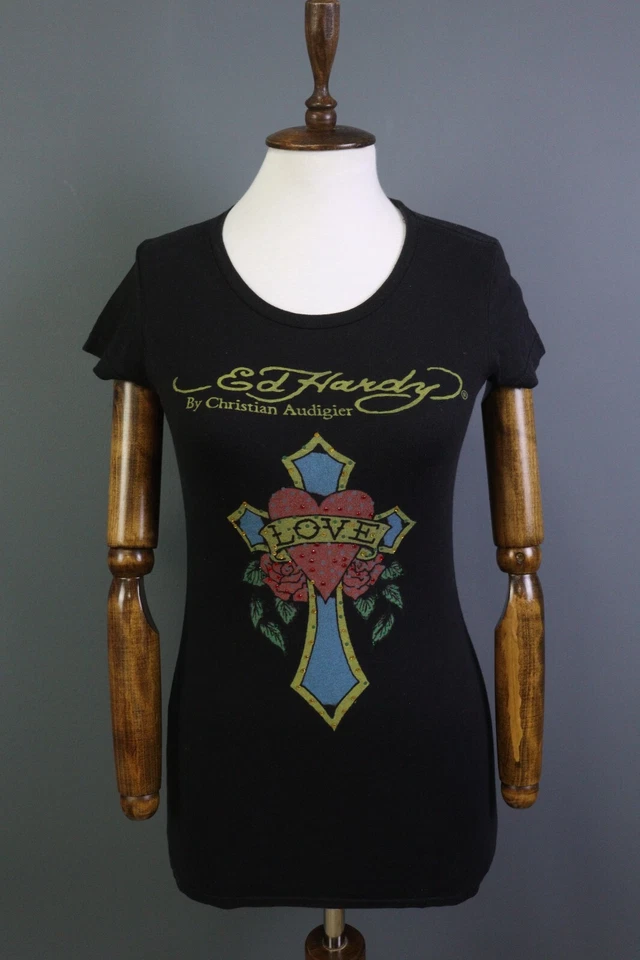 Ed Hardy By Christian Audigier Black Cap Sleeve Top Blouse Shirt Size XS - Image 1 of 4