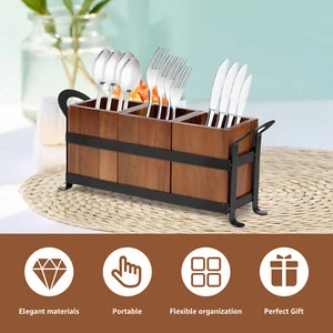 Utensil Caddy 3 Compartments Wood Utensil Organizer with Handle Removable lemdJ - Picture 1 of 11