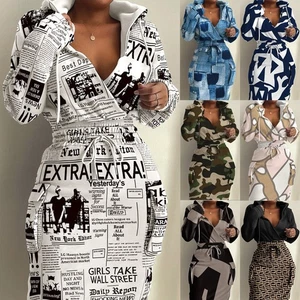 Plus SIZE Ladies PRINTED Long Sleeve V Neck Hooded Lace-up Pockets Hoodies Dress - Picture 1 of 25