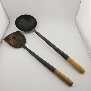 Vintage Hand Forged Iron Wok Ladle Spatula Set Rustic Wood Handle Chinese Tool - Picture 1 of 12