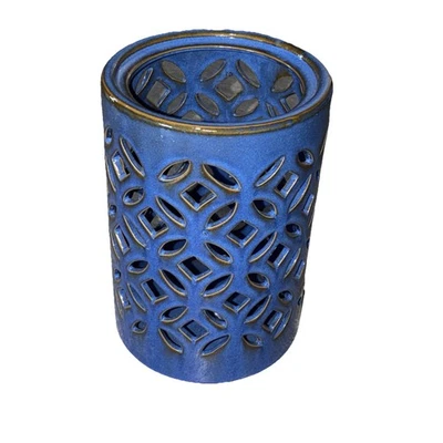 Керамический декоративный синий фонарь 6 дюймов вырез дизайн деревенский подсвечник диаметр 4 дюйма - Изображение 1 из 4