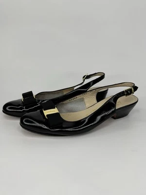 De colección Salvatore Ferragamo Negro Patente Vara Bow Tacones Cordones 8.5 B Italia Foto 1 de 4
