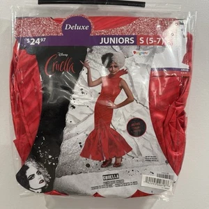 Disney Cruella de Vil Small (5-7) Deluxe Halloween Costume Red Dress Collar New - Picture 1 of 7