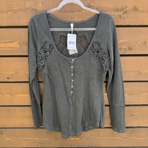 NWT Free People Crochet Lace Henley Long Sleeve Scoop Neck Top Sz L Black - Picture 1 of 8