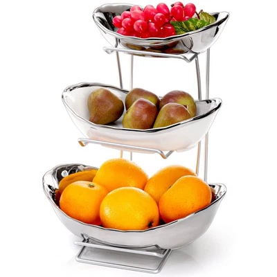 3 Tier Ceramic Fruit Bowl, Oval Tiered Serving Bowl Set, Porcelain Fruit Bask... - Image 1 of 4