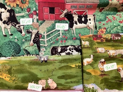 Lot of 4 VTG Fabric Scraps Farm Life Scenes Cows Sheep Pigs Barns - Image 1 of 4