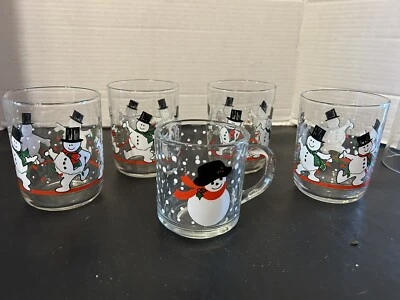 Винтажный США Libbey танцы снеговик Рождество низкий мяч стеклянный набор из 4 + кружка - Изображение 1 из 4