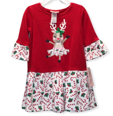 Christmas Holiday Dress Red White Candy Cane Deer Girl Size 2T New Little Lass - Image 1 of 4