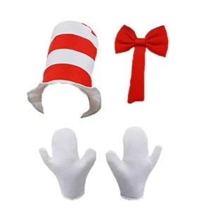 Kids Cat In The Hat Fancy Dress Set Hat Gloves Bowtie Children's Book Day Outfit - Picture 1 of 1