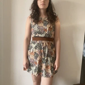 Multi Brown Colour Leaves Print Dress With Back Cut Out - Picture 1 of 3
