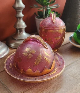Vintage Cranberry Glass Butter Dish and Sugar Bowl With Gilding. EC - Picture 1 of 23