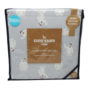 Eddie Bauer Queen Cotton Holiday Flannel Sheets Bedding Set Gray Big Foot Santa - Picture 1 of 9