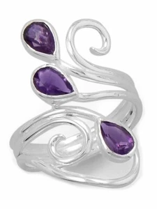 Anillo de amatista lágrima de tres piedras diseño de pergamino plata esterlina - Imagen 1 de 2