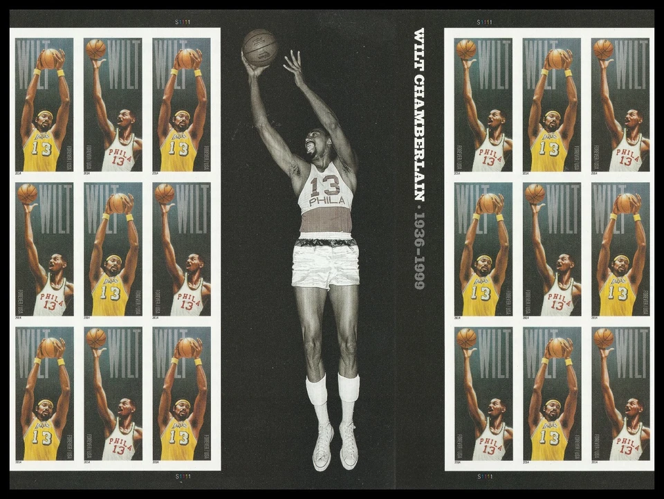 US 4951b Wilt Chamberlain imperf NDC panel gutter block 18 MNH 2014 - Image 1 of 1
