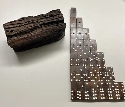 Complete Wooden Hand Carved Spinner Dominos Set Rustic Live Edge Log Case - Image 1 of 4