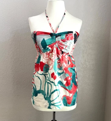 Camisetas sin mangas Roxy Rojo Blanco Turquesa Floral Informal Verano Tropical Tubo Halter M Foto 1 de 4