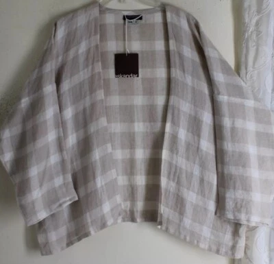 NWT Eskandar Lux 1 0 Natural IVORY WHEAT Linen Creamy Check Open Jacket S M L XL - Image 1 of 4